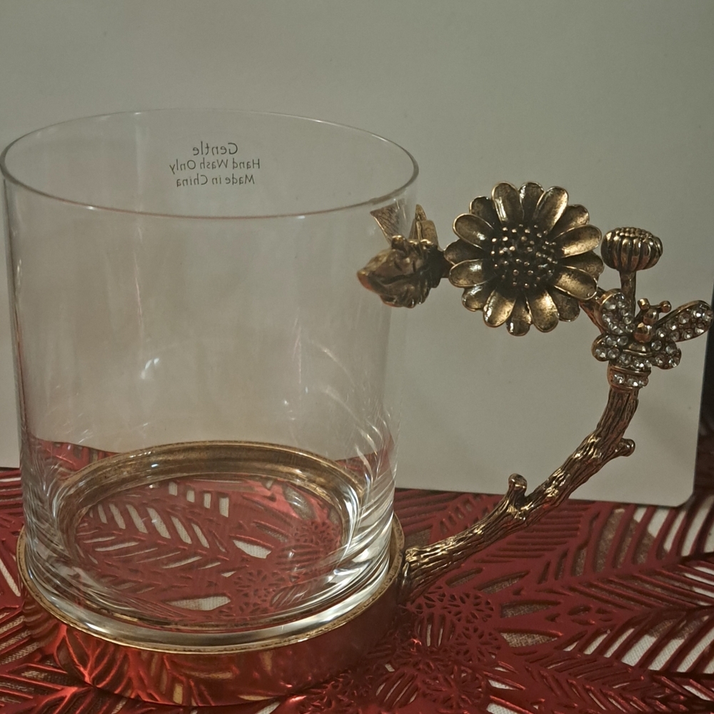 Glass & Gold Coffee Mug, Twig Metal Handle, Rhinestone Bee 🐝